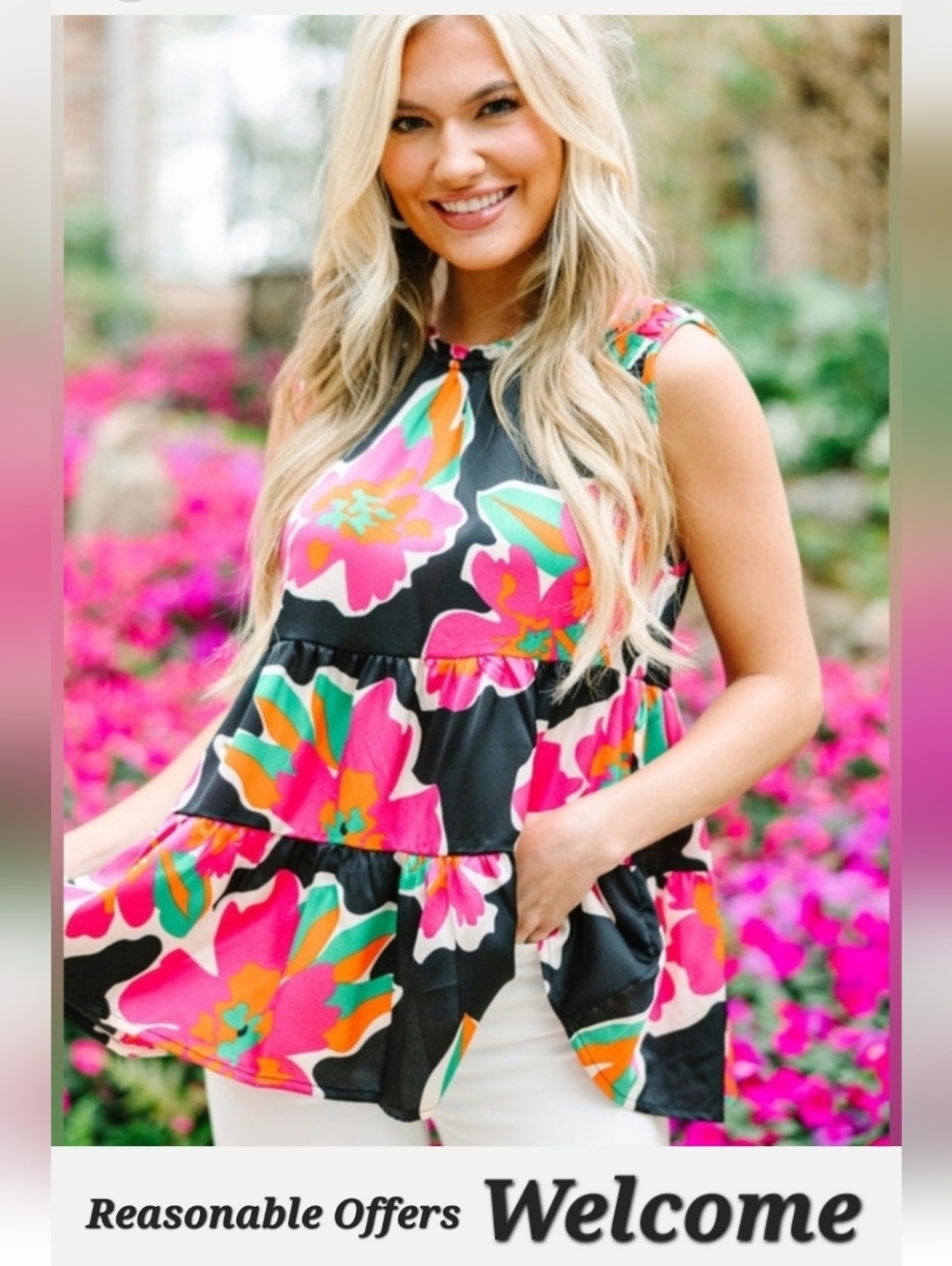 Umgee Black Floral Tiered Sleeveless Pink, Orange & Green Blouse NWOT Size Small